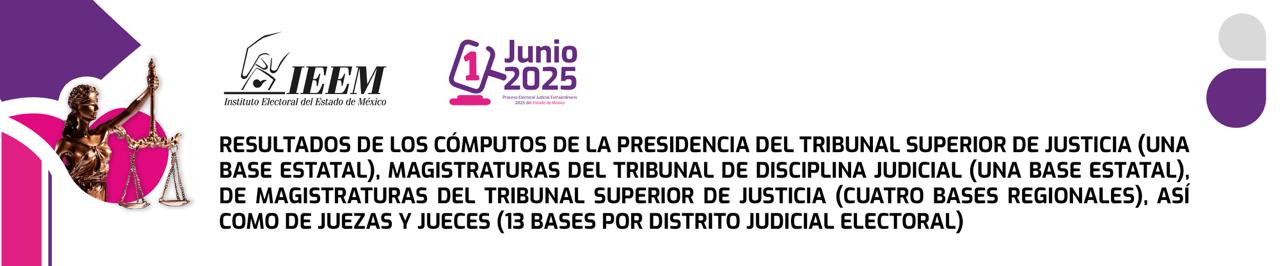 Resultados de los Cómputos de la Presidencia del Tribunal Superior de Justicia (una base Estatal), Magistratura del Tribunal de Disciplina Judicial (una base Estatal), de Magistraturas del Tribunal Superior de Justicia (cuatro bases de Regionales), así como de Juezas y Jueces (13 bases de datos por Distrito Judicial Electoral)